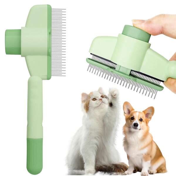 猫梳狗梳宠物毛发去除工具除蚤梳适用于猫和狗虱子梳猫刷带释放按钮自清洁带长短不锈钢金属齿用于脱落
