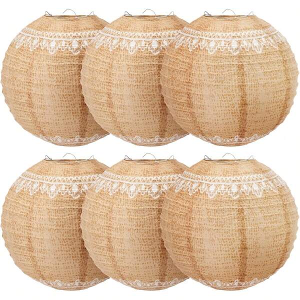 6Pcs Lace Print Burlap Paper Lanterns Boho Lanterns Decorative Indoor Paper Decoration Hanging Rustic Farmhouse Decor For Birthday Wedding Party