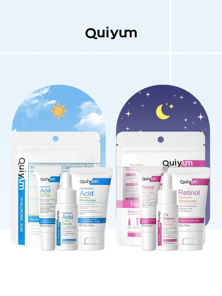 一套Quiyum玻尿酸护肤套装和一套Quiyum视黄醇密集修护护肤套装，包含（精华液17ml + 保湿霜30g + 眼霜15g），保湿、修护、抗氧化护肤礼盒，适合所有肤质，方便旅行、露营、徒步、登山、户外活动携带。 - 視黃醇3件組+玻尿酸3件套 - 查看 1