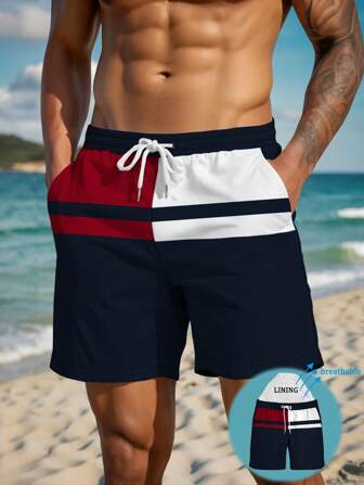Shorts de verano para hombres con estampado impreso, cintura con cordón, bolsillos laterales, secado rápido de doble capa con forro de malla, en color contrastante con impresión de arte 3D, ropa de playa casual y elegante, traje de baño