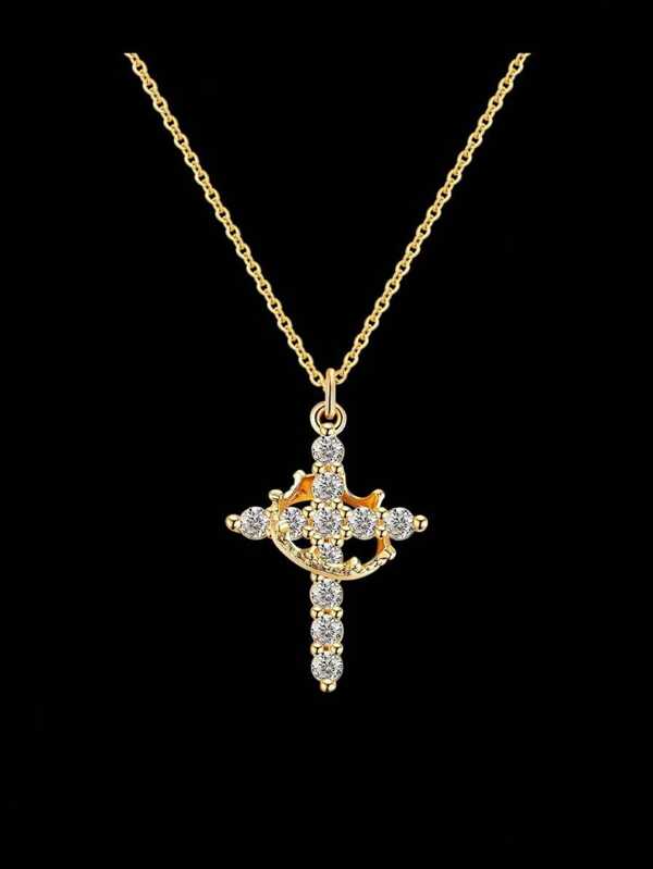 Mother's Day Gifts For Mom Upgraded Crown Cross Necklace For Women 14K Gold Plated Crown Cross Pendant Necklace Simple Diamond Gold Necklaces Faith Cross Jewelry First Communion Necklace