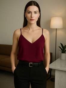 Women's Tank Top With Adjustable Straps Basic Crepe Strappy Top - Color caoba - Ver 1