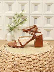 Summer High Heel Sandals, New Solid Color Bohemian Style Buckle Closure Personalized Fairy Style Buckle Roman Open Toe Ladies Shoes