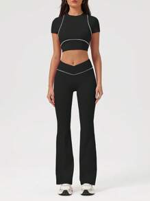 Sodalemon Women Color Block Fitness Set Short Sleeve Yoga Training Crop T-Shirt V-Cross Lift Buttocks Casual Flare Pants 2 Pcs Sport Set