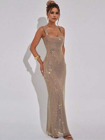 优雅性感吊带亮片网眼闪亮水钻露背连衣裙女气质派对生日毕业