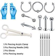 16Pcs/Sets Body Piercing Tools Kit,14G Piercing Needles,Piercing Clamps For Nose Septum Lip Tongue Eyebrow Rings Ear Piercing Jewelry Kit Tools - Blue Gloves - View 14