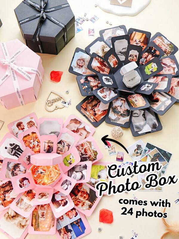 Gepersonaliseerde geschenken, verrassingsonthulling op maat gemaakt fotoalbum geschenkdoosset, explosiegeschenkdoos, op maat gemaakte doos met 24 foto's, Vaderdag, romantische op maat gemaakte pop-upverrassing met 24 foto's - het beste cadeau voor haar, vrienden- en familiefeesten, ideaal voor bruiloften, Valentijnsdag, jubilea en speciale romantische momenten!