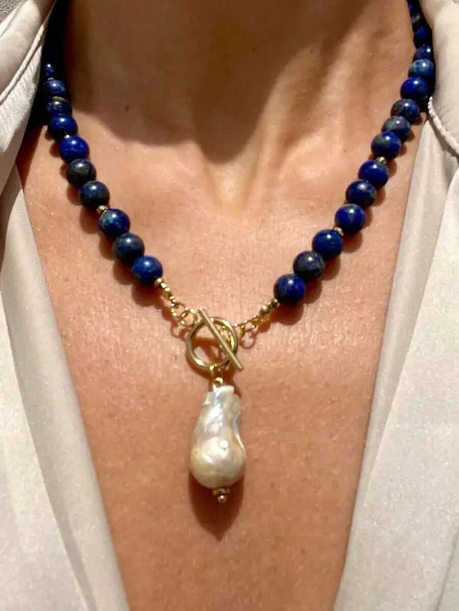 1pc Baroque-Style Faux Pearl & Geometric Beaded Copper Multi-Color Necklace For Women, Suitable For Parties, Gatherings, Ceremonies, And Daily Wear - 彩色 - 查看 1