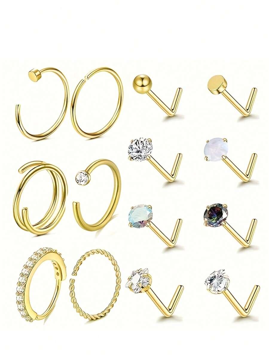 12PCS 20G StainlessSteel Nose Rings Hoop For Women Men Paved CZ Flower Nose Piercing Jewelry L ShapedNose Ring Stud Set