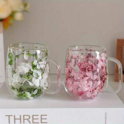 1/2 Pair Double-Layer Couple Glass Cup, Embedded Real Flower Design, Suitable For Coffee And Milk Drinks, Crystal Glass Cup, Mug, Insulated Glass Cup, Transparent Coffee Cup, Heat-Resistant Double-Layer Milk Cup, Hand Wash Only, Best Choice As Holiday Gift, Gift For Friends, Girlfriend, Classmates, Teachers, Christmas Gift, Back To School Supplies, Classroom Water Cup, Essential For Student Dorms