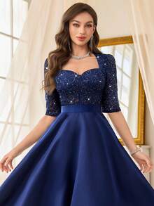 MIUSOL Sequin Floral Lace Contrast Satin Sweetheart Neck Half Sleeve Prom Party Swing Dress - Navy Blue - View 8
