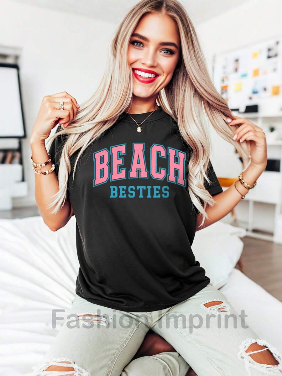 Oversized Style For Women, Comfort Beach Besties T-Shirt, Girls Trip Tee, Summer Beach Shirt, Matching Sisters Vacation Shirt, Coastal Shirt, Best Friend Tee, Loose Type Shirt For Women, Perfect For Holiday Parties Or Gift Giving, Soft And Comfortable - 黑色 - 查看 1
