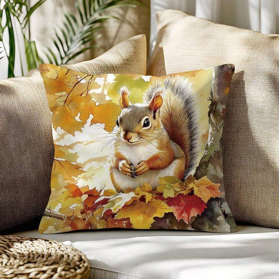 1pc Autumn Maple Forest Animal Cute Bear Fox Squirrel Deer Printed Throw Pillow Case [No Pillow Insert], 17.7*17.7in(45*45cm), [Single Sided Printed], For Sofa, Bed, Living Room, Bedroom, Car, Office, Hotel Decoration, All Season, Perfect Gift For Family And Friends