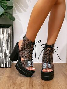 2026 New Women's High Heel Sandals, Waterproof Platform Punk Style Lace-Up Motorcycle Open Toe Sexy Fashion Sandals - Black - View 2