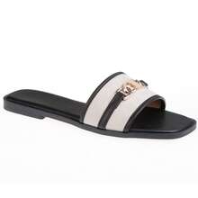 calcena Women's Flat Slide Sandals With Chain Detail – Elegant Open-Toe Summer Slip-On With Square Toe Design - Black - View 1