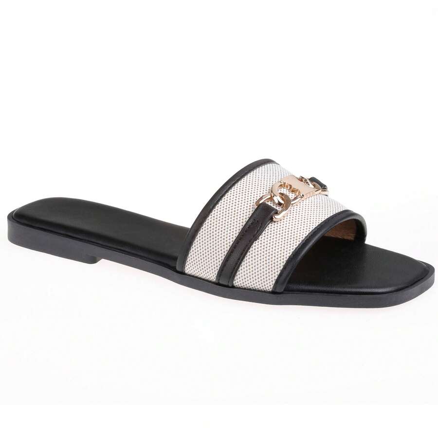 calcena Women's Flat Slide Sandals With Chain Detail – Elegant Open-Toe Summer Slip-On With Square Toe Design - Black - View 1