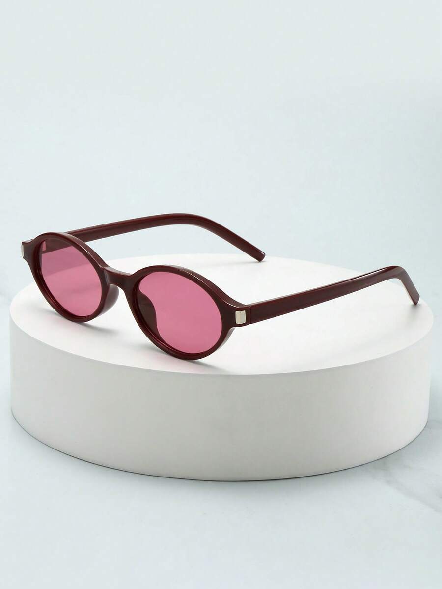 1pc Women Oval Small Frame High-Quality Minimalist Fashion Glasses, Suitable For Travel, Vacation, Casual Gathering And Daily Use Preppy Style For Back To School Rectangle Shape - Wine Red Frame Red Tablet - View 1