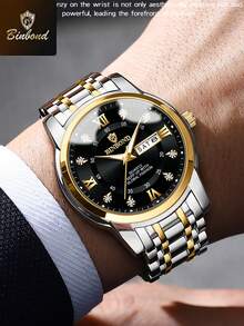 Reloj de lujo BINBOND para hombre, elegante, con fecha y día, resistente al agua, luminoso, reloj de cuarzo de acero inoxidable para deportes de hombres - Negro - Ver 3