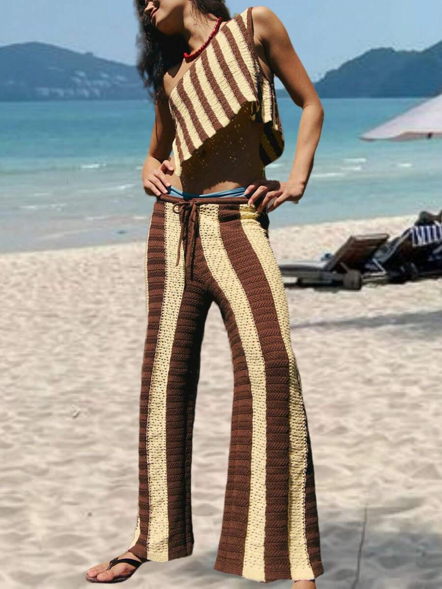 Beach Vacation Clothes For Women 2 Piece Outfits Summer Striped Crochet Knited One Shoulder Asymmetrical Hem Tank Tops WIde Leg Pants Tracksuits Y2k Lounge Outfits Beach Set - 咖啡棕 - 查看 1