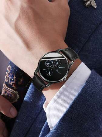 2 st. herrklocka i svart PU-läder med trendig urtavla och kvartsur med tre ögon, smyckeset för vardagsbruk eller högtidsgåvor