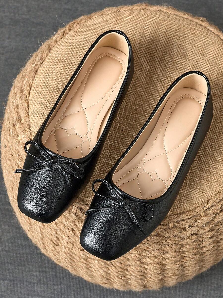 WHDXY 1 双女士方头平底鞋，柔软皮革办公鞋，百搭，休闲，乐福鞋风格，一脚蹬，软底，仙女风格平底鞋，通勤鞋 - 黑色 - 查看 1