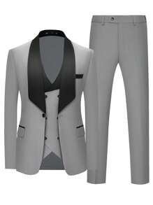 Furuyal Men's Suits Gentleman Solid Slim Fit Business 3 PiecesSuit For Men Blazer Double Breasted Vest Pants Set Party Wedding Prom Light Gray Size XS-3XL