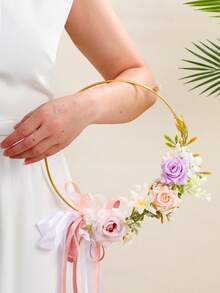 1个仿真玫瑰花环花圈，可作花卉中心装饰品、悬挂式墙饰、婚礼派对餐桌装饰、家居装饰、人造花环、伴娘花束、情人节配饰 - 彩色 - 查看 7