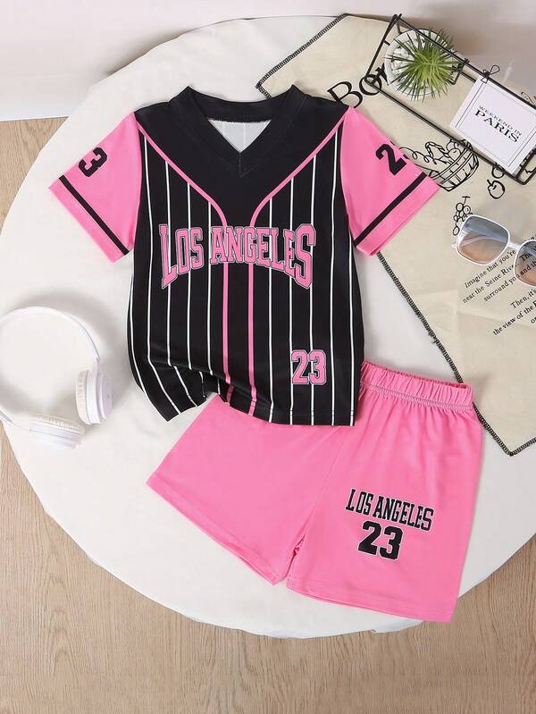 مجموعة رياضية أنيقة للبنات بقماش مرن منسوج، توب أكمام قصير باللونين الوردي والأسود مع تصميم الرقم 23، وشورت مطابق، مناسبة للرياضة والعب في الربيع والصيف، ملابس رياضية للبنات، ممتازة للأنشطة الخارجية