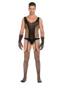 Men's Open-Crotch Seductive Nightwear High-Elastic Jacquard Bodysuit.Gloves Are Not Included.Sexy Lingerie