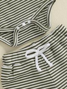 Ropa de otoño-invierno para bebé recién nacido, niño y niña, mono acanalado de manga larga a rayas y pantalones largos con cintura elástica, 2 piezas, conjuntos casuales unisex para bebé - Verde militar - Ver 6