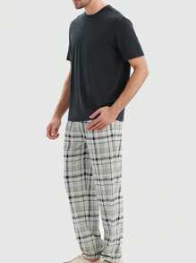 Lightweight Summer Pajama Set For Men, Round Neck Solid Color Pullover Short Sleeve Tee & Plaid Print Pants, Casual And Comfortable Home Wear Two Pieces