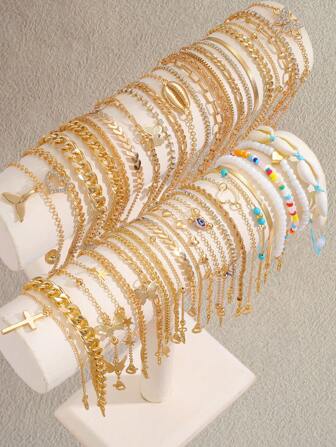 3/6/22pcs Boho Chic Cross, Butterfly, Heart, Shell, Fish Tail, Devil's Eye, Beaded Anklet Set For Women, Summer Beach/Party/Daily Wear
