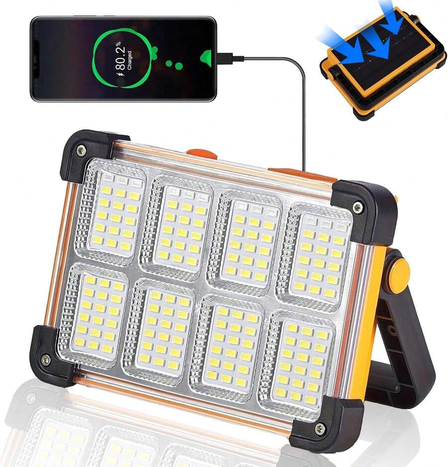 Solar Rechargeable Work Light, 144 LED Portable Flood Light With Stand, IP66 Waterproof Power Bank 4 Modes LED Job Site Lighting Flashlights For Mechanic Camping Fishing Car Repair - trái cam - Xem 1