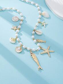 1 件波西米亚风格 ABS 珍珠海洋动物鱼、海星、贝壳多吊坠项链套装，手工玻璃，适合夏季海滩派对和日常佩戴