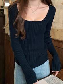 纯色 V 领长袖修身休闲女式毛衣，春/秋 - 藏蓝色 - 查看 3