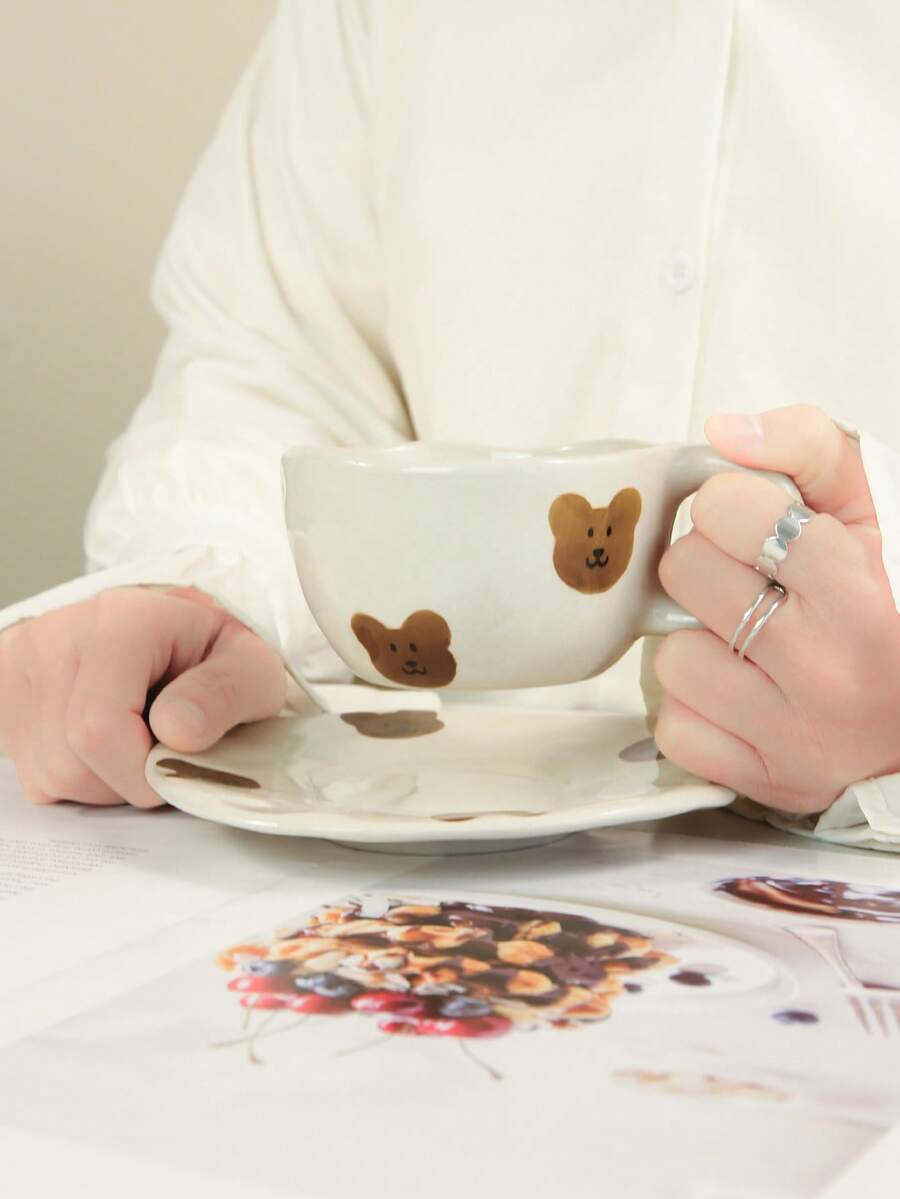 1pc Nordic Ins Cute Bear Coffee Cup & Saucer Set, Ceramic Material, Suitable For Home, Office, Cafe, Personalized Gifts, Gifts For Women, Mom Gifts, Birthday Gifts - Multicolor - View 1