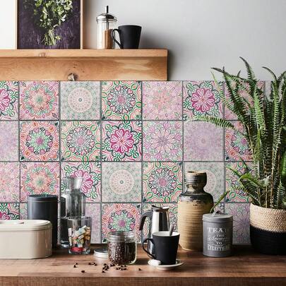 24PCS- Nrdic Bohemian Style Home Tile, Self-Adhesive Wall Stickers, Peel And Stick Wallpaper, Kitchen Bathroom Bedroom Living Room Dining Room, Waterproof, Oil And Moisture Proof, Decorative Tile Stickers, Wall Renovation Floor Stickers For Home Decor