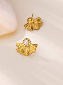 1 Par de Pendientes tipo botón con hojas de ginkgo de lujo para mujeres, de color dorado, con perlas falsas de acero inoxidable. Joyas de moda para boda, nuevo diseño 2025, regalo