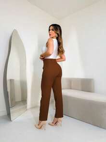 Women's High-Waisted Straight-Leg Pants, Elegant, Formal And Modern - 巧克力棕 - 查看 2