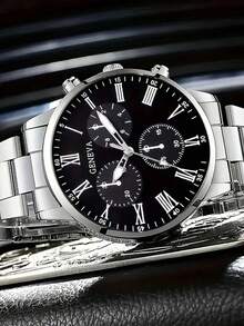 2 piezas Nuevo conjunto de relojes casuales de negocios de cuarzo redondos para hombres, regalo de San Valentín, Año Nuevo, cumpleaños para familiares y amigos - Negro - Ver 2