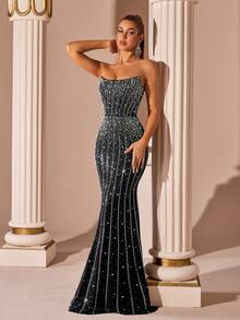 ADYCE Women's Beaded Rhinestone Embellished Backless Halter High Waist Gown For Party/Evening Dress - 黑色 - 查看 1