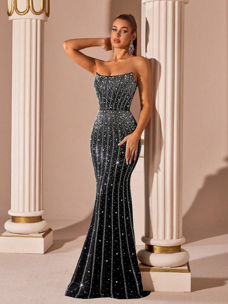 ADYCE Women's Beaded Rhinestone Embellished Backless Halter High Waist Gown For Party/Evening Dress - 黑色 - 查看 1