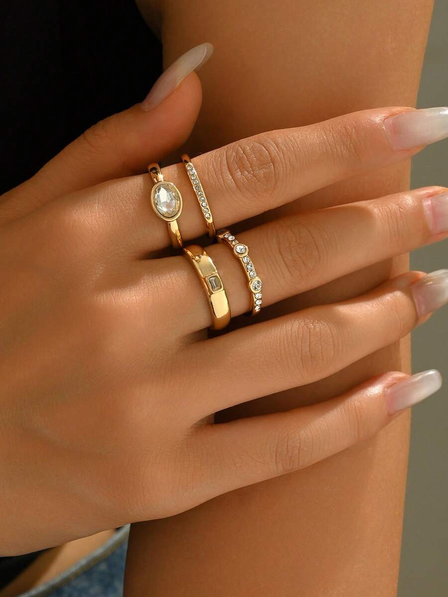 4pcs Gold-Color Alloy Women's Fashion Elegant Luxury Ring Set - Gold - View 1