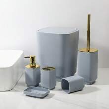 Juego de 6/4 piezas de accesorios de baño chapados en oro, reutilizables, que incluyen papelera, soporte para cepillo de inodoro, soporte para cepillo de dientes, vaso para enjuague bucal, jabonera, botella de jabón, decoración de otoño, regalo de inauguración de la casa, organizador de baño Accesorios de vuelta al colegio