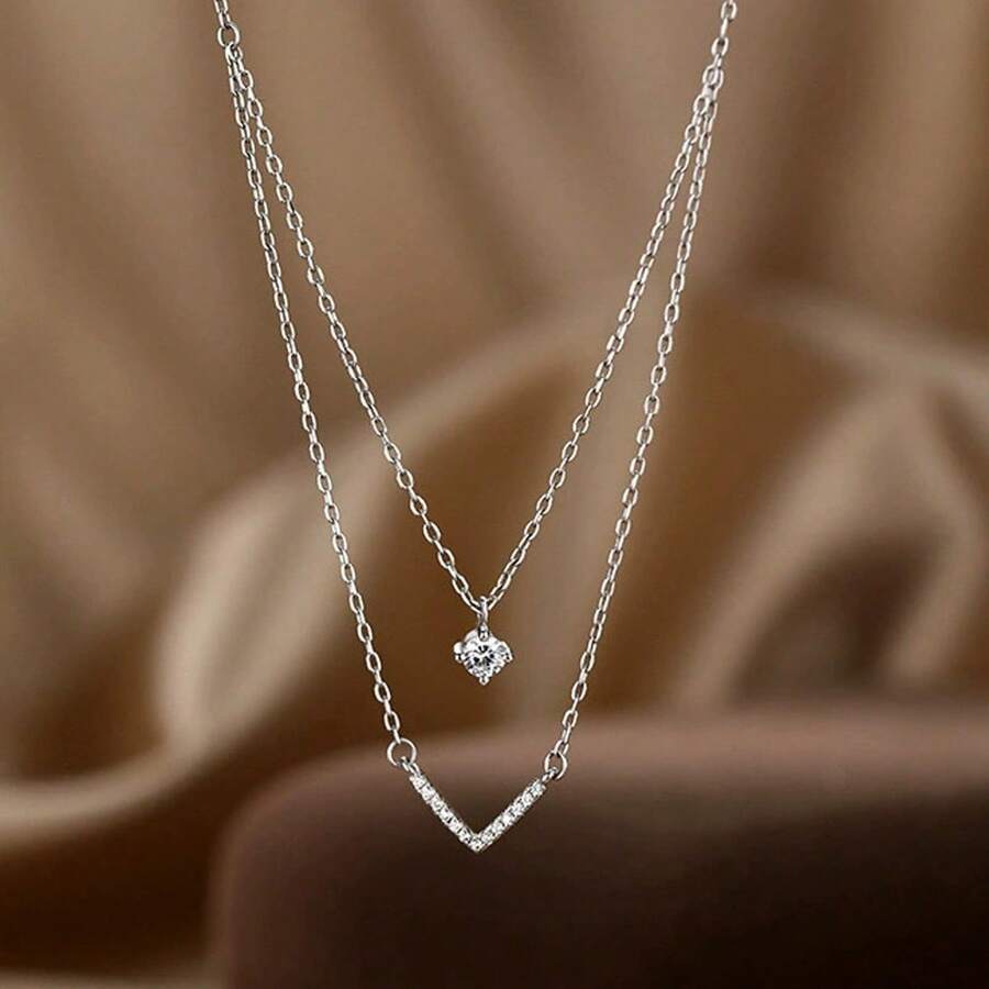 1pc Simple Rhinestone Layered V-Shaped Necklace For Women, Delicate Clavicle Chain Graduation Gift