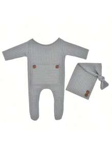 Conjunto de Roupas Macacão de Tricô de Manga Longa com Gorro para Recém-Nascido, Roupas de Fotografia para Bebês Meninos, Roupa para Sessão Fotográfica de Crianças Pequenas