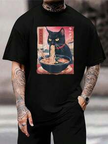Camiseta divertida de gato ramen - Camiseta gráfica de gato negro amante de los fideos de anime japonés para hombres y mujeres - Regalo único para amantes del ramen - Negro - Ver 1