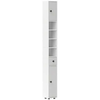 Kleankin 180cm Tall Bathroom Cabinet, Slim Bathroom Storage Cabinet With 4 Open Shelves, 2 Door Cupboards And Adjustable Shelves, Light Grey