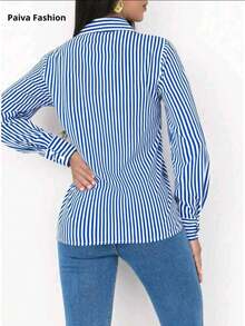 Paiva Fashion Women's Striped Social Shirt Long Sleeve With Button High Summer - Màu xanh lam - Xem 2