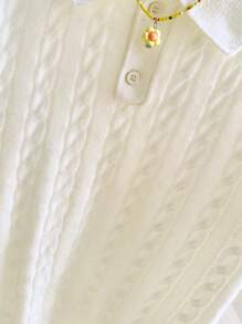 Spring/Summer New White Polo Collar Twisted Flower Short Sleeve Knitted T-Shirt For Women, Slim Fit Button Half Open Casual Commuter Style Top
